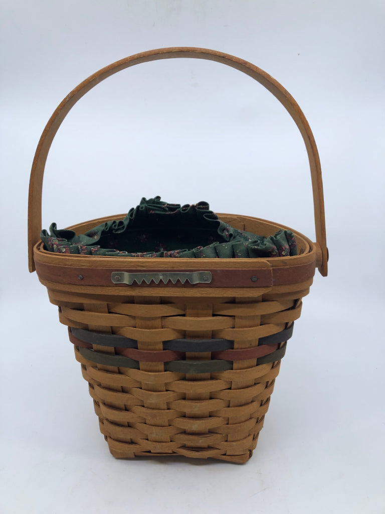 1993 HALF ROUND BASKET W/GREEN LINER, PROTECTOR, SWING HANDLE.