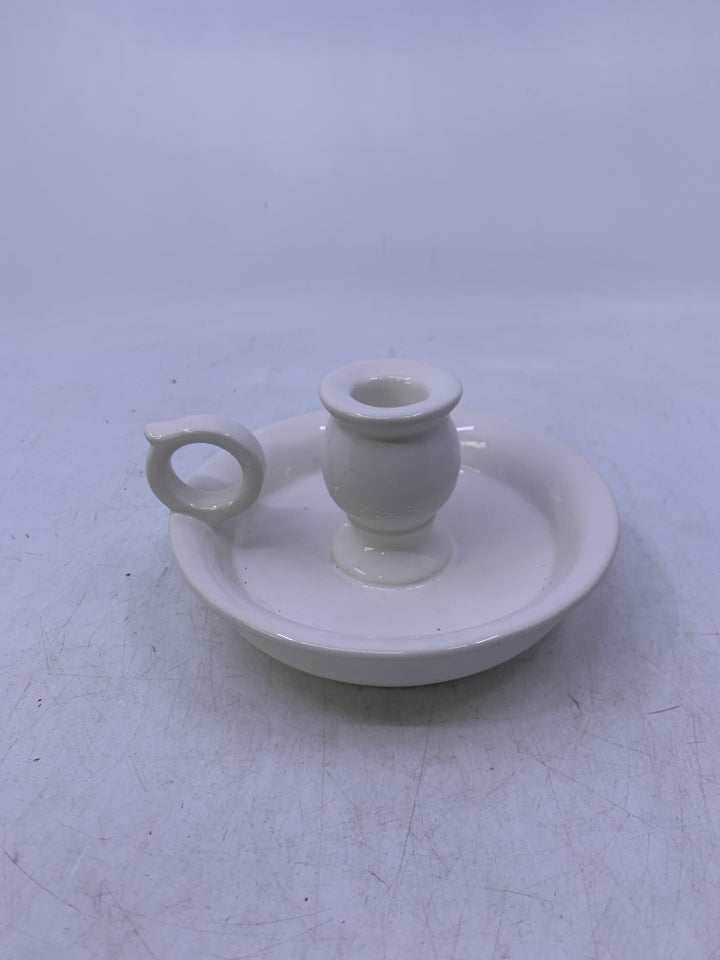 CERAMIC TAPERED CANDLE HOLDER W/ CANDLE WAX CATCH.