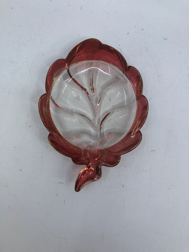 VTG LEAF BOWL W CRANBERRY GLASS RIM.