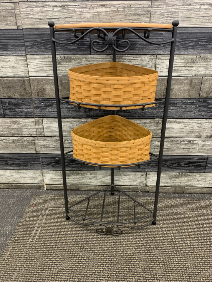 WROUGHT IRON CORNER SHELF W/2 BASKETS.