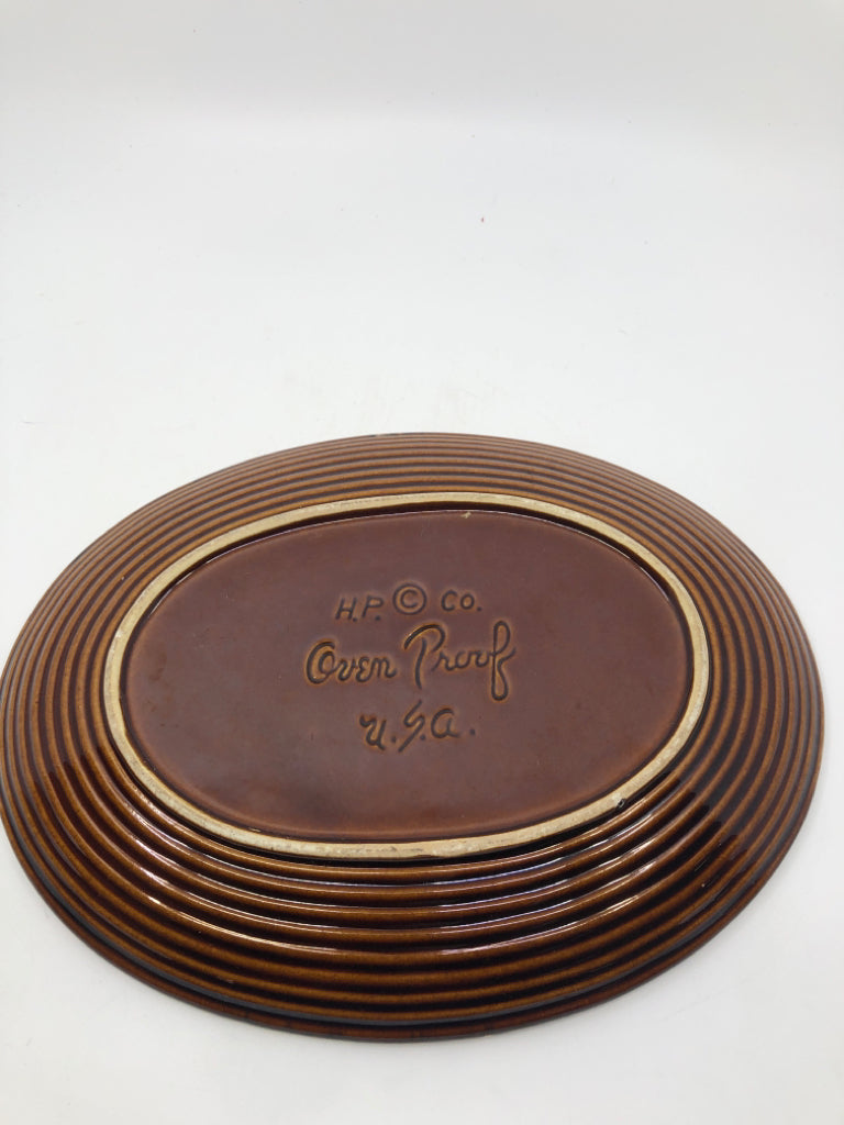 VTG OVAL BROWN POTTERY SERVER.