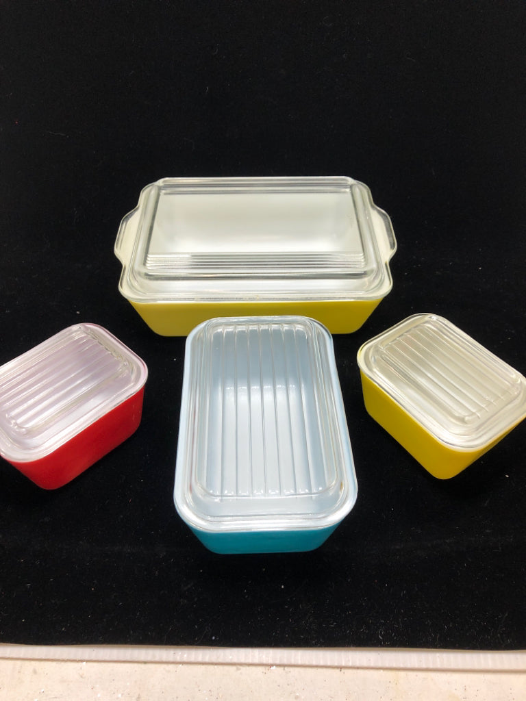 VTG 4 PRIMARY COLOR PYREX FOOD STORAGE SET W/LIDS.