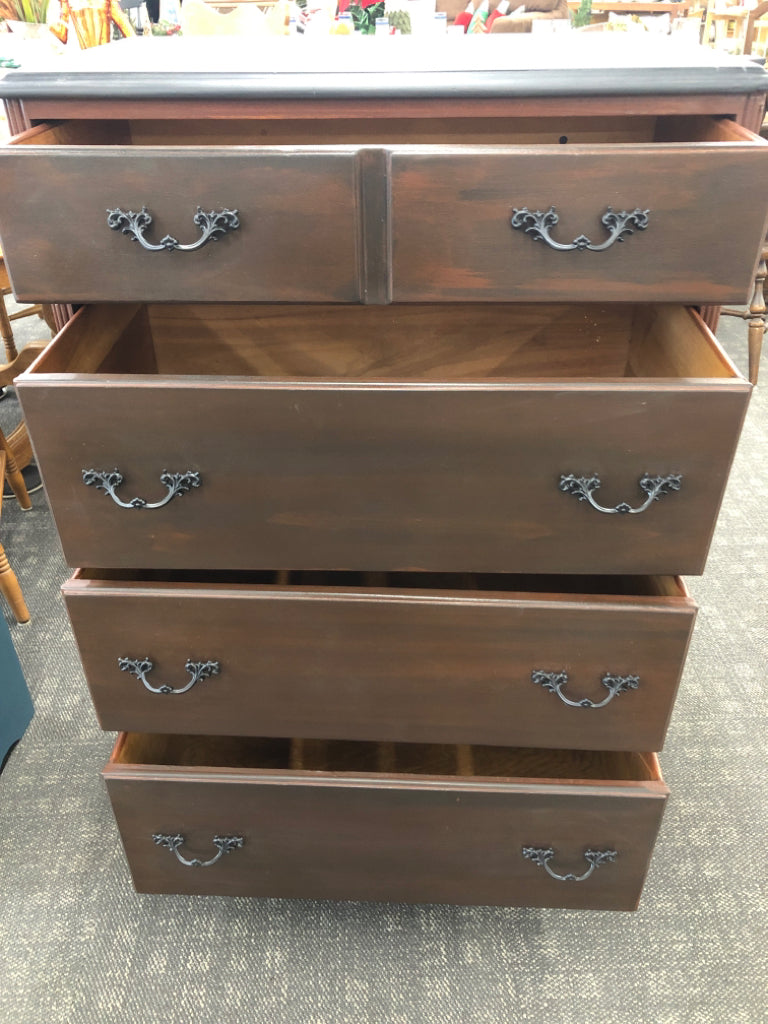 DARK WOOD FOUR DRAWER DRESSER.