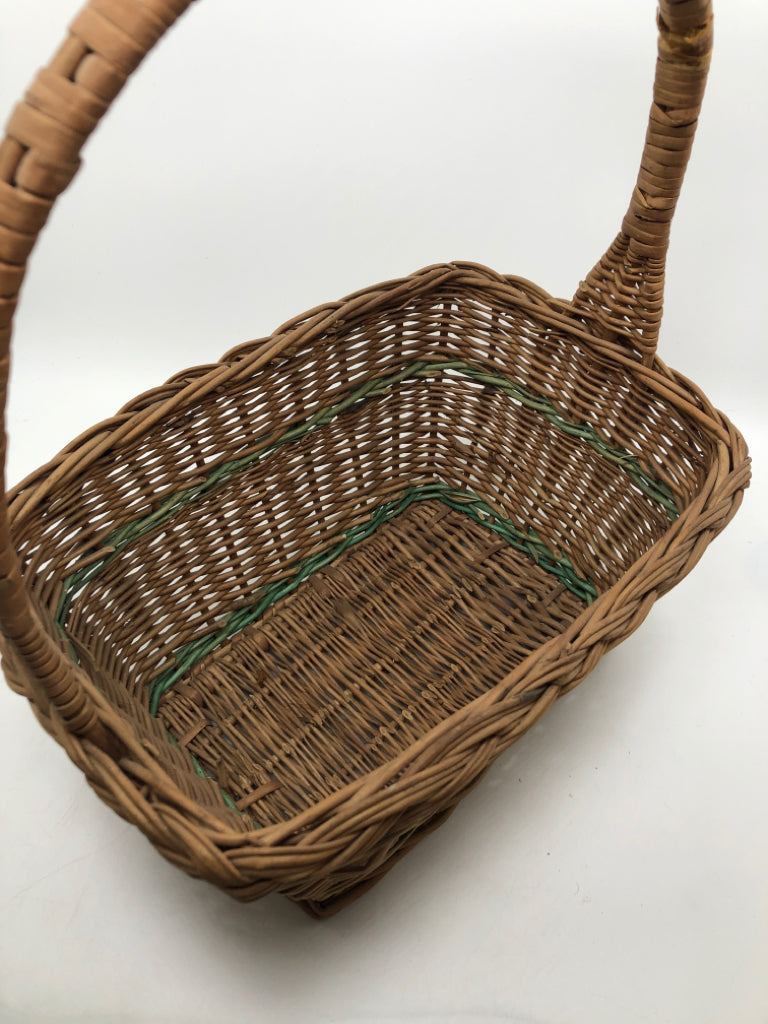 GREEN STRIPE WICKER BASKET.