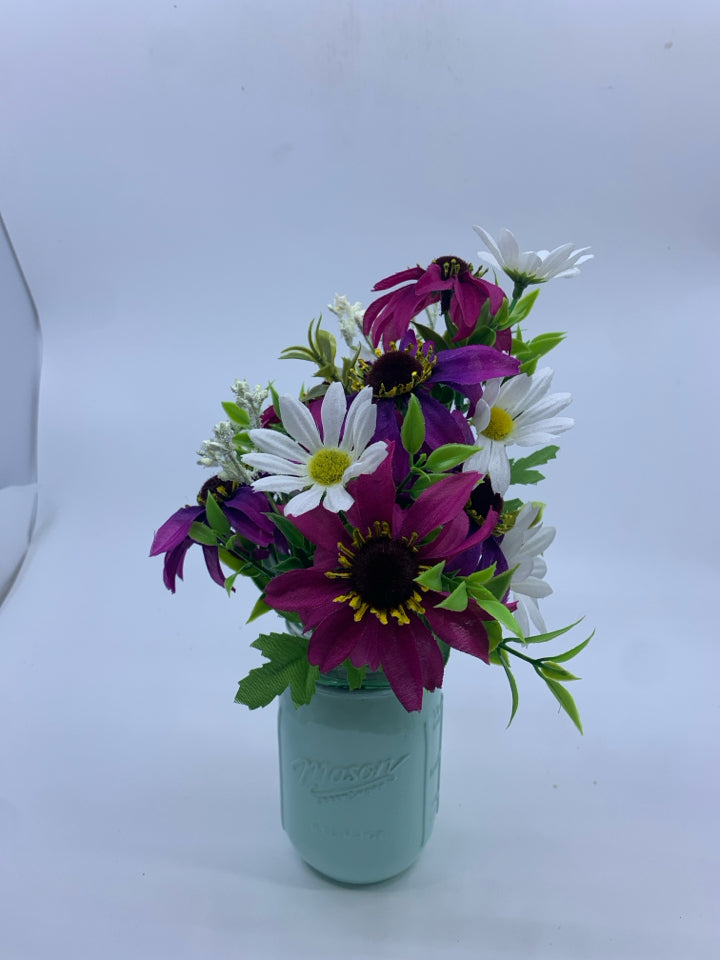 FAUX PURPLE FLOWERS IN MASON JAR VASE.