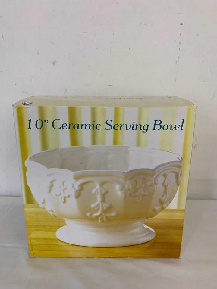 NIB CERAMIC SERVING BOWL WHITE W/ EMBOSSED SCROLL DESIGN.