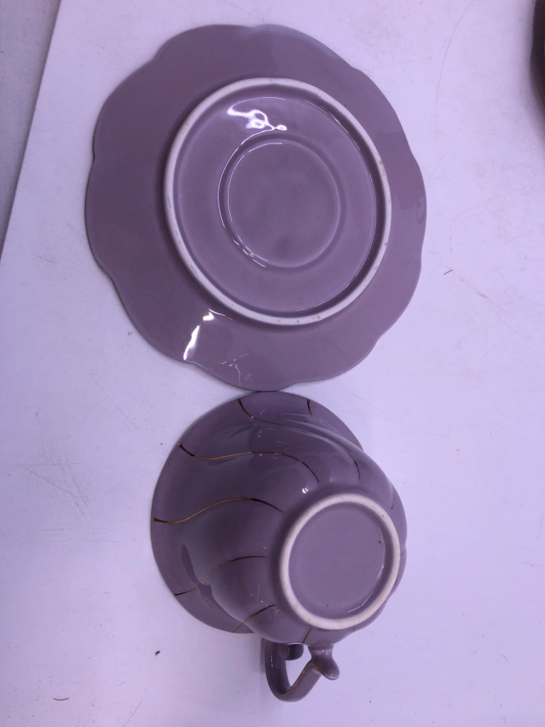 2 PURPLE AND GOLD ACCENT TEACUP + SAUCERS - 2 CUPS, 2 SAUCERS.