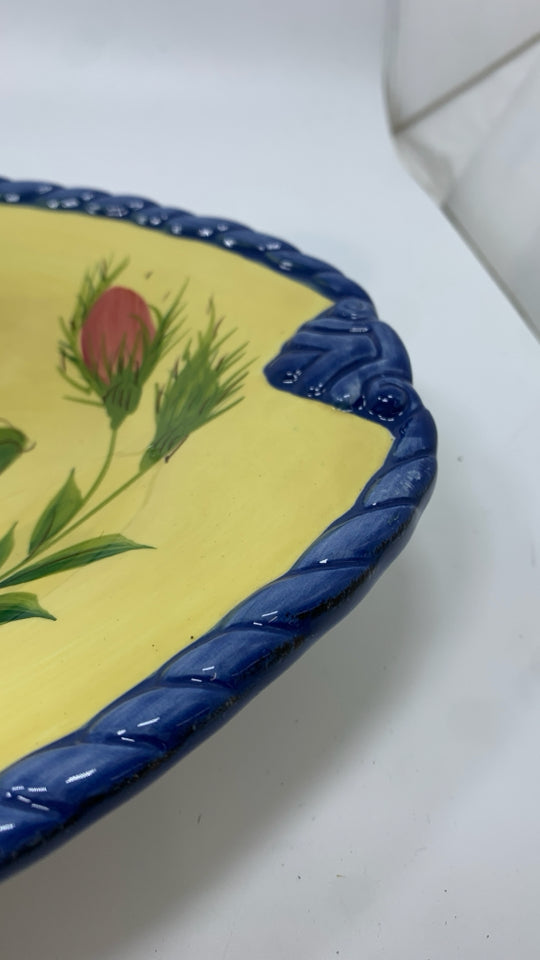 ROSE GARDEN PAINTED OVAL PLATTER W/BLUE BRAIDED EDGE.