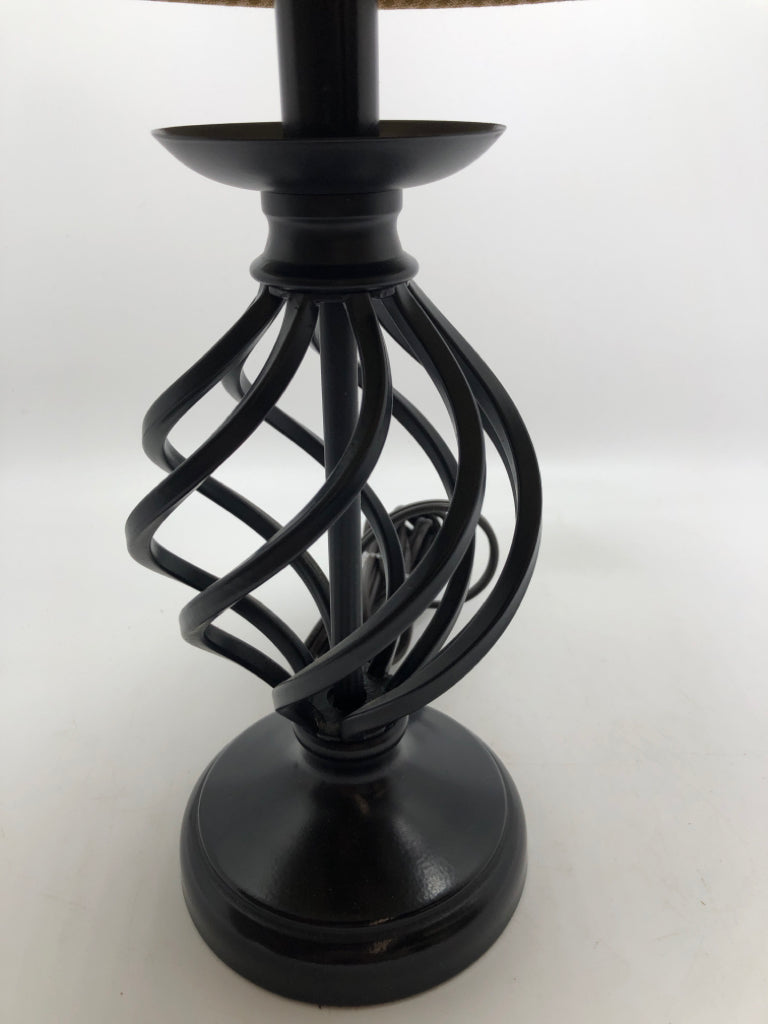 METAL LAMP W/SWIRL BASE W/BROWN GINGHAM SHADE.