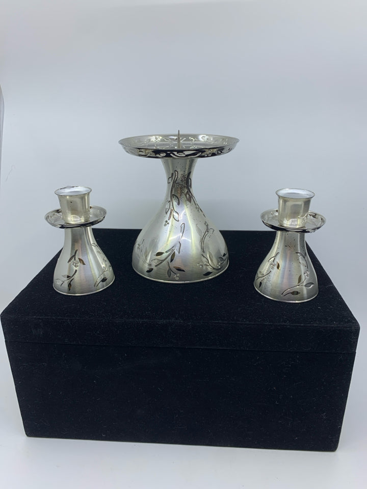 3PC SILVER UNITY CANDLE STICKS FLORAL CRYSTAL DESIGN IN BLACK VELVET BOX.