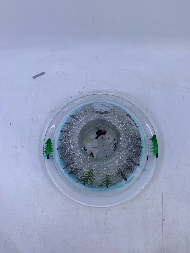 2 PC GLASS CANDLE PLATE/SHADE W/ PAINTED SNOWMEN.