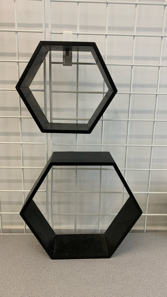 2PC BLACK HEXAGONAL WALL SHELVES.