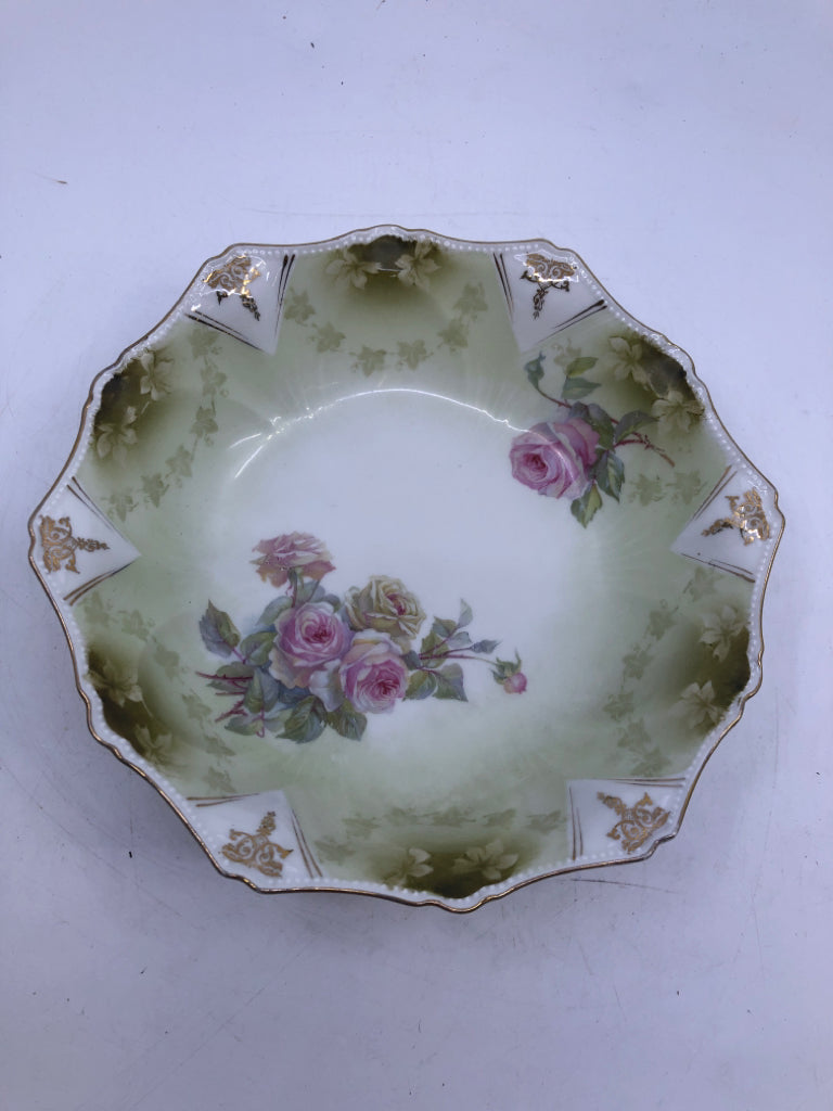 WHITE/GREEN PORCELAIN BOWL GOLD ACCENTS AND PINK ROSES.