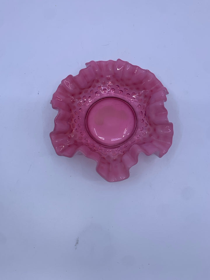 VTG PINK HOBNAIL GLASS W/ RUFFLED EDGE CANDLE PLATE.