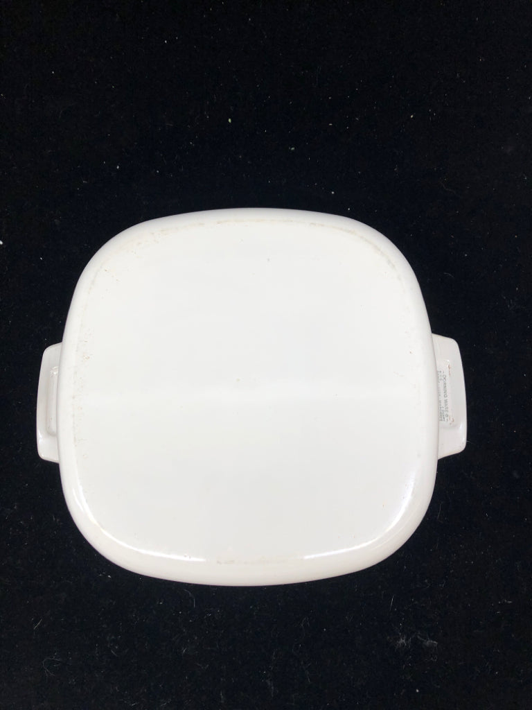 SQUARE FLORAL COVERED CASSEROLE DISH.