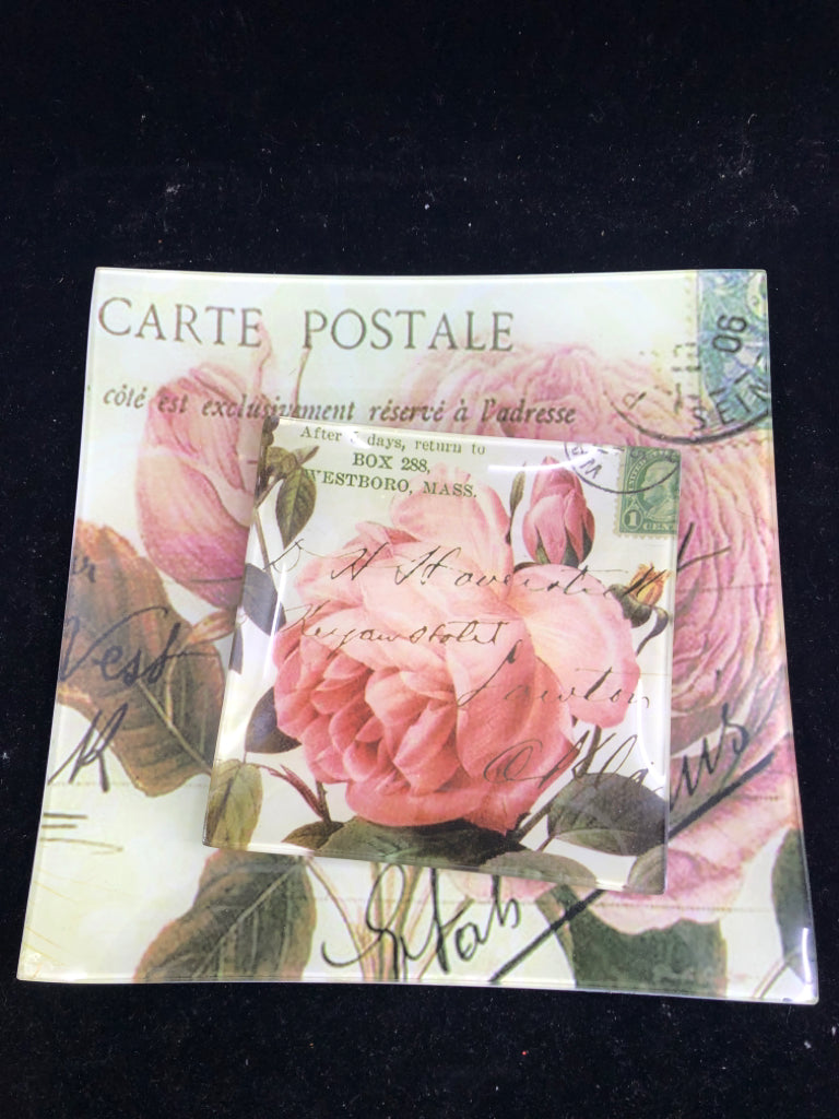 2 FLORAL PLATES W SCRIPT.