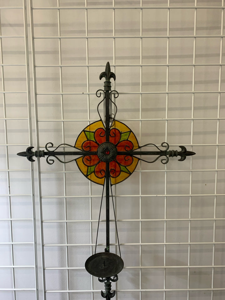 HEAVY METAL STAIN GLASS CROSS WALL SCONCE.