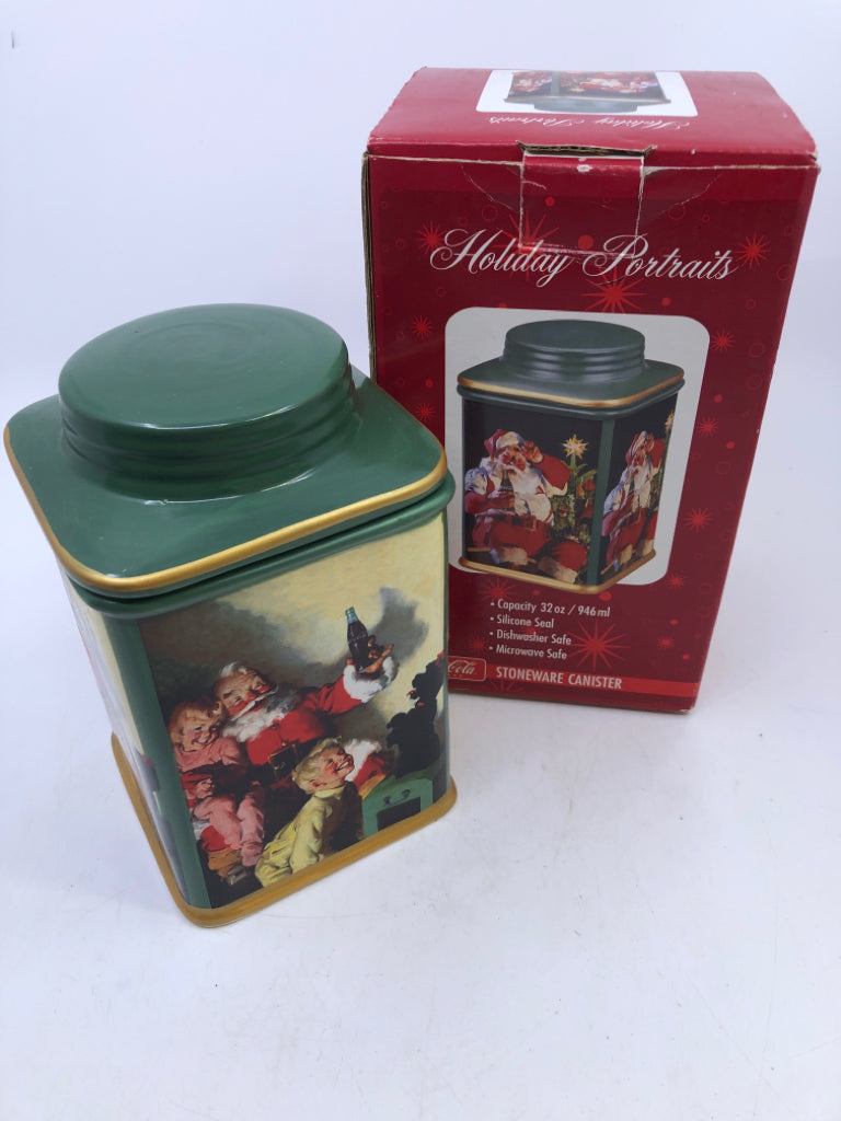 NIB GREEN SANTA COCA COLA STONEWARE CANISTER WITH LID.
