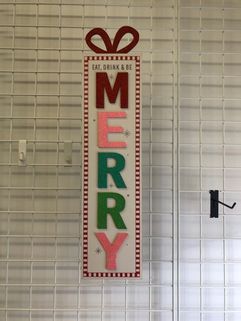 WHITE AND RED MERRY PRESENT STYLE SIGN.