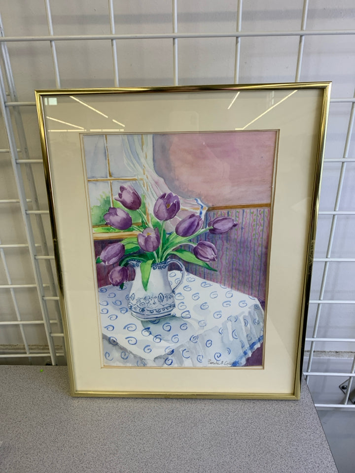PURPLE TULIPS IN PITCHER IN GOLD FRAME WALL ART.