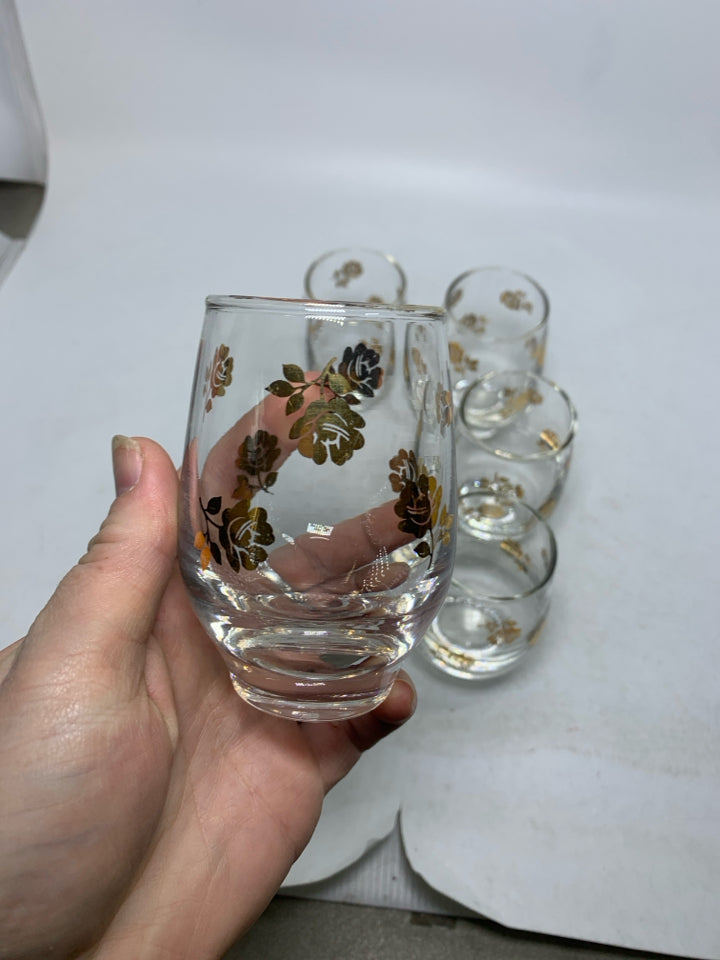 5 HEAVY BOTTOM CORDIAL GLASSES W/ GOLD ROSES.