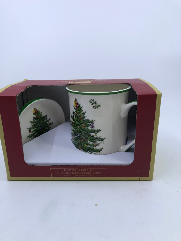 SPODE CHRISTMAS TREE MUG AND COASTER SET.