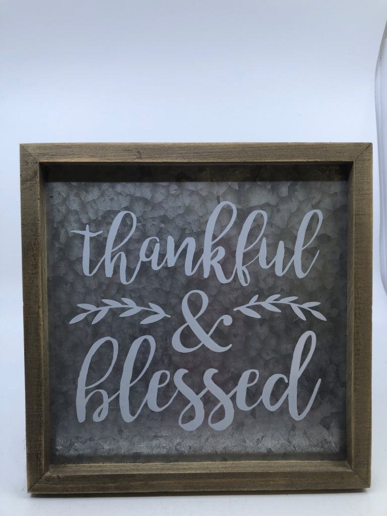 "THANKFUL & BLESSED" SILVER METAL SIGN WOOD FRAME.