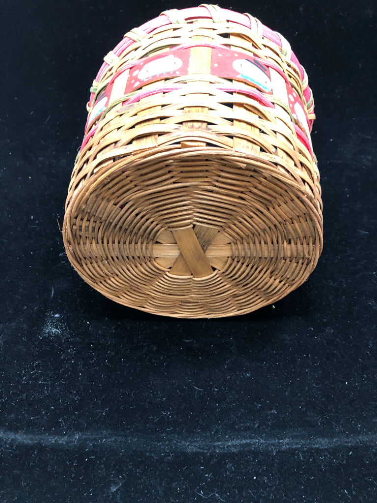 RED AND TAN SNOWMAN WICKER BASKET.
