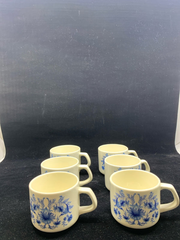 6 BLUE AND WHITE FLORAL SADO INTERNATIONAL MUGS.