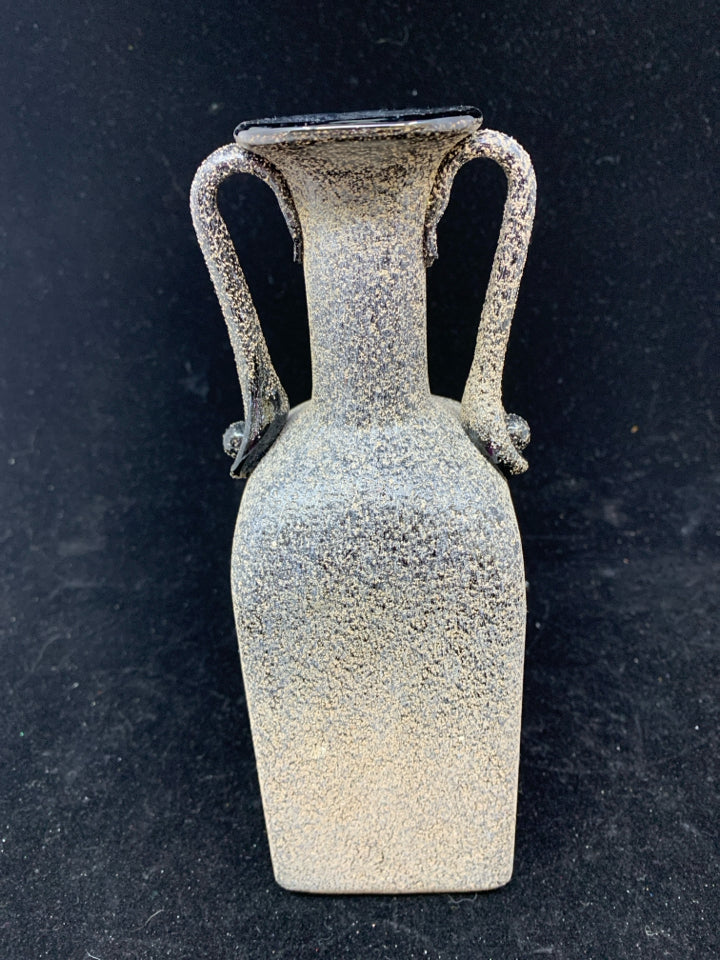 TALL SQUARE BLACK GRAY GLASS VASE WITH 2 HANDLES.