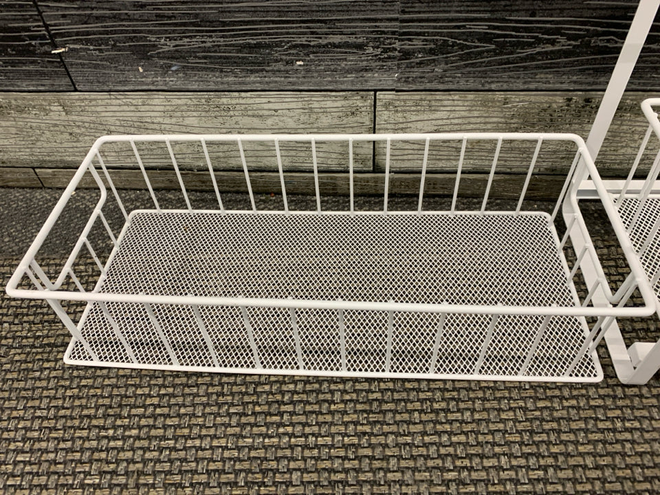 2 TIER WHITE METAL NARROW CABINET STORAGE SHELVES.