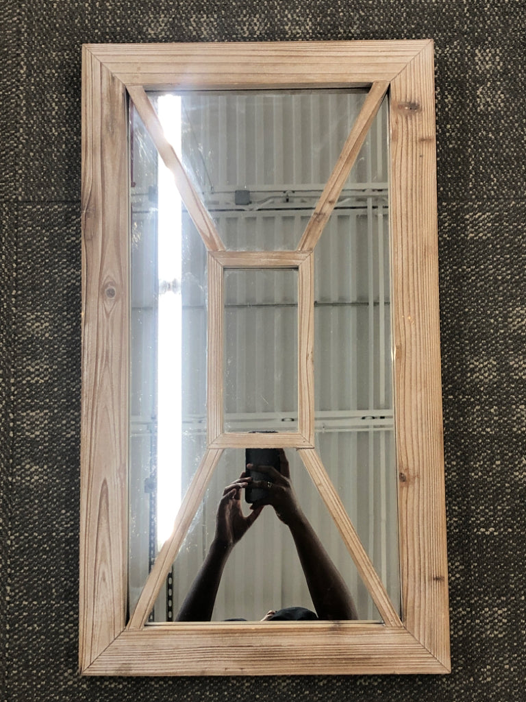 WEATHERED WOOD FRAMED MIRROR W/X OVERLAY.