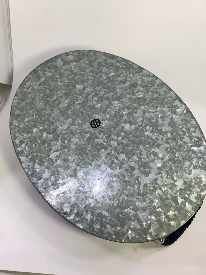 OVAL GALVANIZED METAL TRAY W/BLUE BRAID HANDLES.