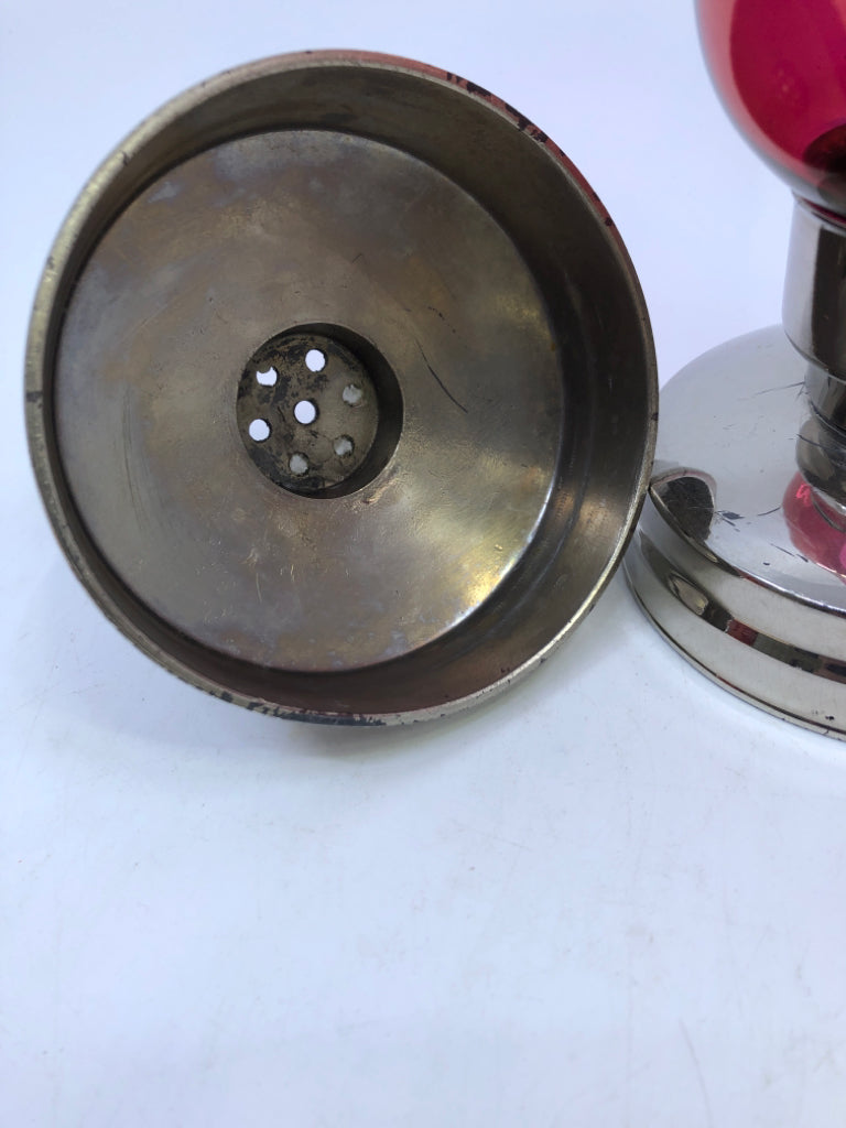 2PC PINK GLASS W/EMBOSSED GRAPES TAPER HOLDERS.