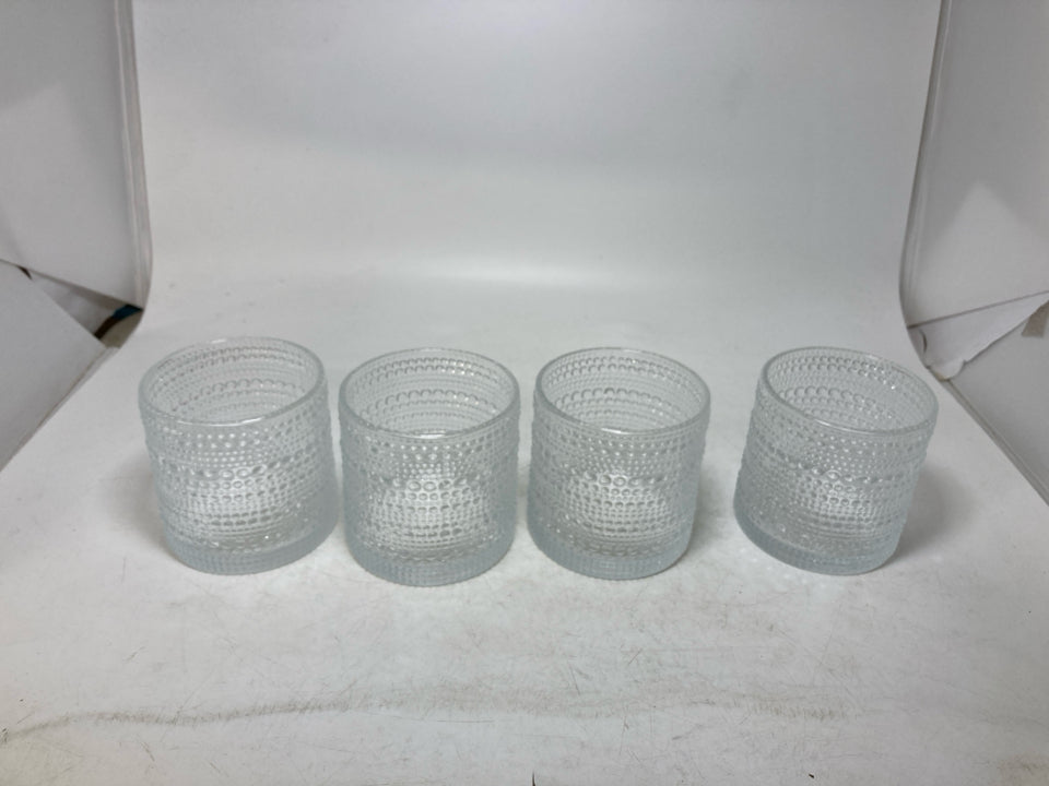 4 GLASS BEADED JUICE GLASSES.