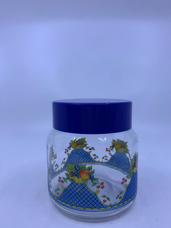 SMALL BLUE PAINTED CANISTER W/ FRUIT AND BLUE LID.