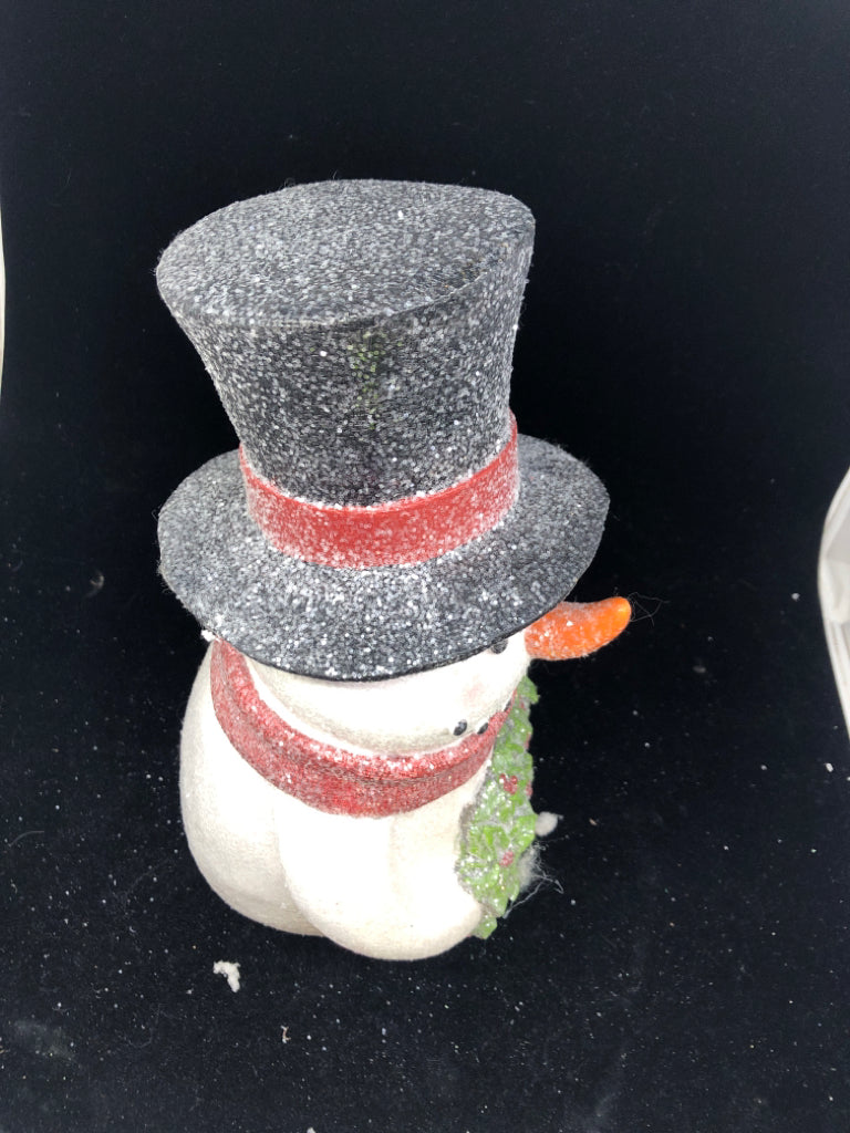 CERAMIC GLITTER SNOWMAN HOLDING WREATH.