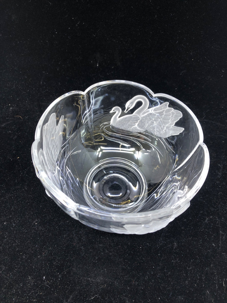 FOOTED GLASS CANDY DISH W/ EMBOSSED SWANS/ SCALLOP EDGE.