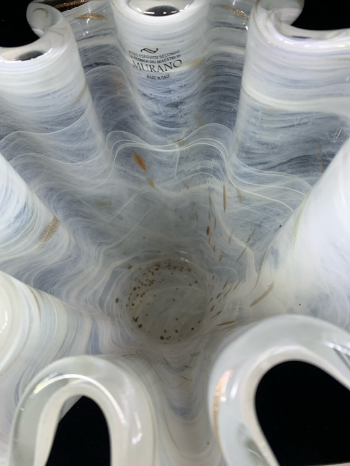 TALL WHITE GOLD SPECKLE GLASS VASE.
