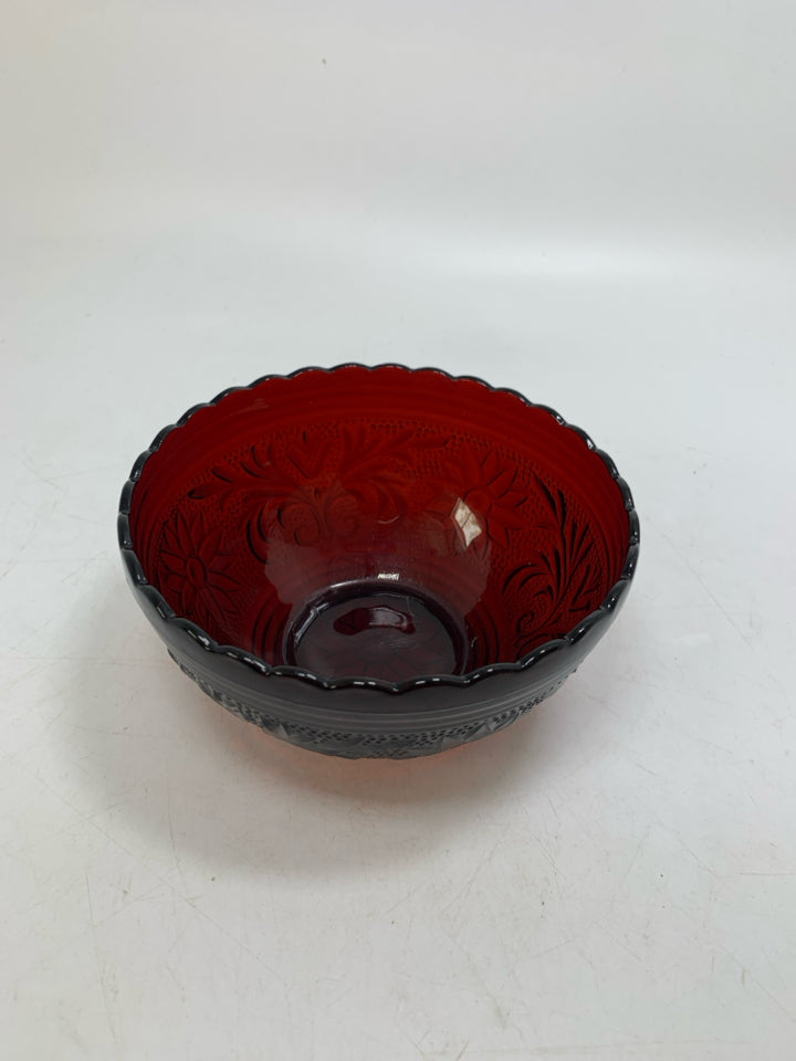 RUBY RED NUT BOWL W/ EMBOSSED FLOWERS/ SCALLOP EDGE.