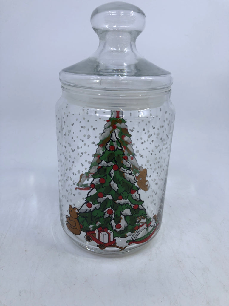 CLEAR GLASS HOLIDAY TREE CANISTER W/LID.