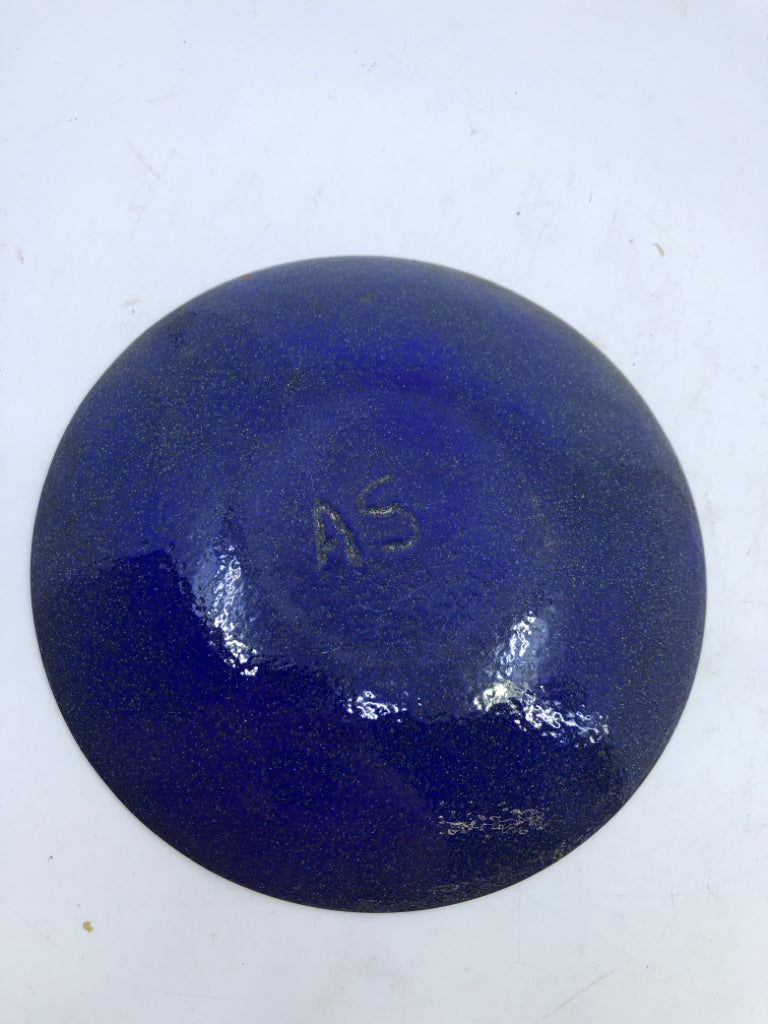 COBALT BLUE METAL CATCHALL DISH W/ COLORFUL CENTER.