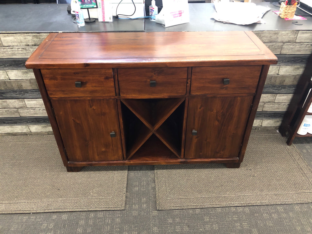 DARK WOOD 3 DRAWER 2 CABINET BUFFET W WINE RACK.