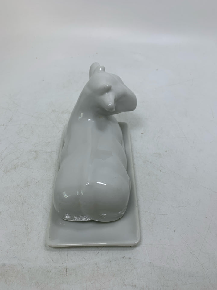 WHITE CERAMIC COW BUTTER DISH.