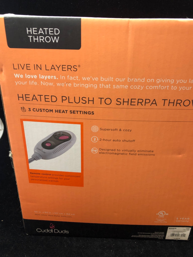 NIB HEATED PLUSH SHERPA THROW.