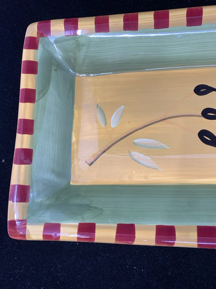 GREEN AND YELLOW CHECKERED PLATTER W FLORAL.