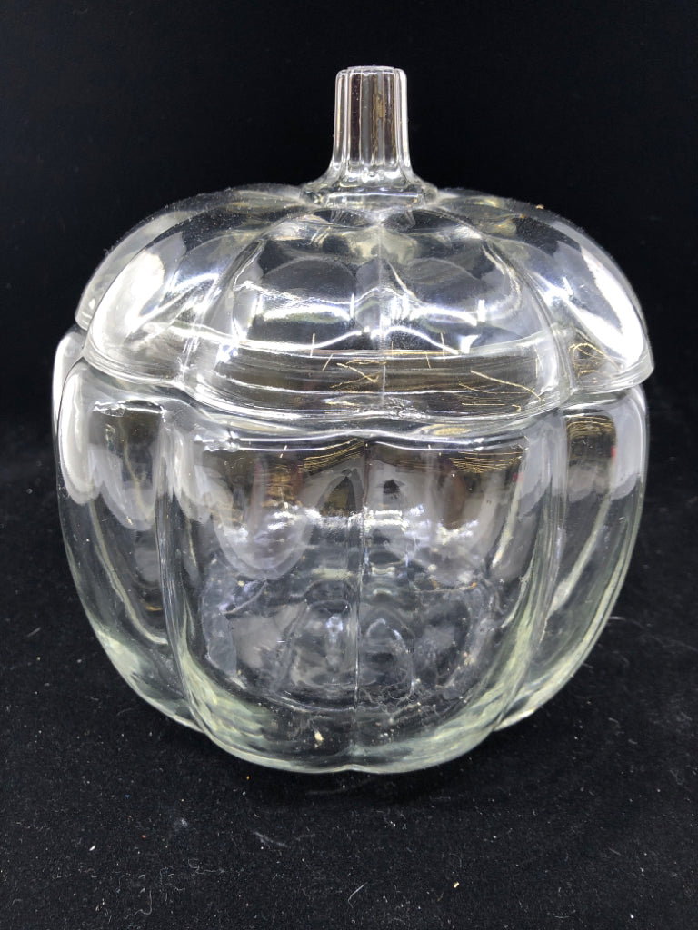 PUMPKIN SHAPED GLASS CANDY DISH W/LID.