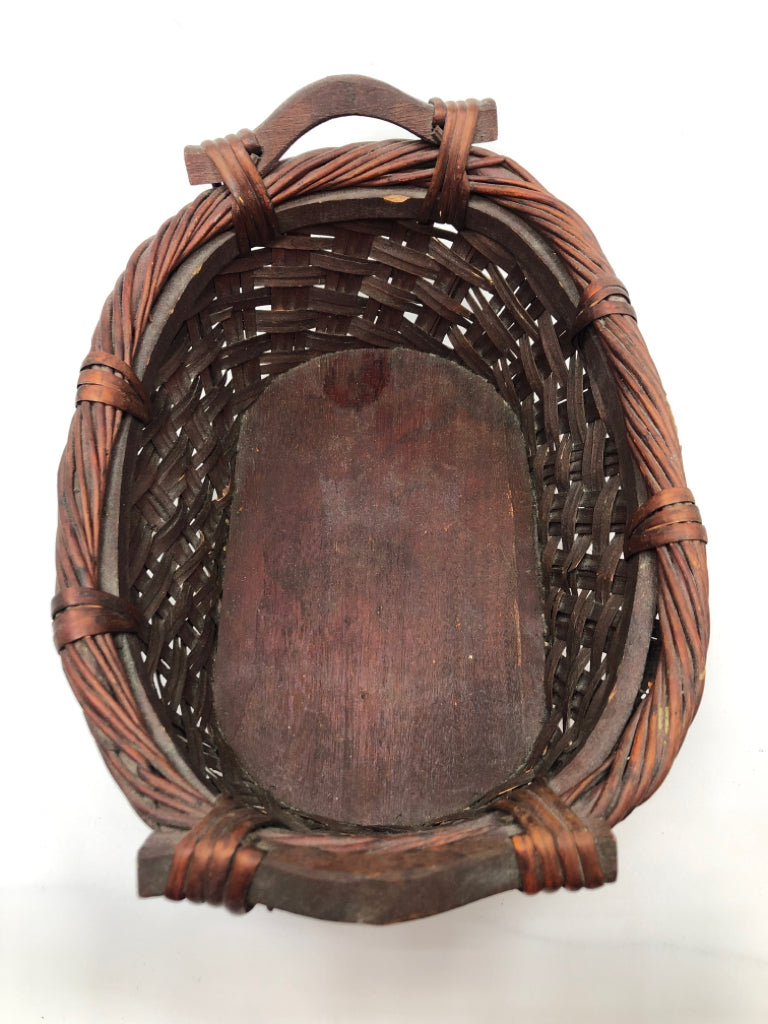 DARK CHERRY WOOD WOVEN BASKET W/WOOD HANDLES.