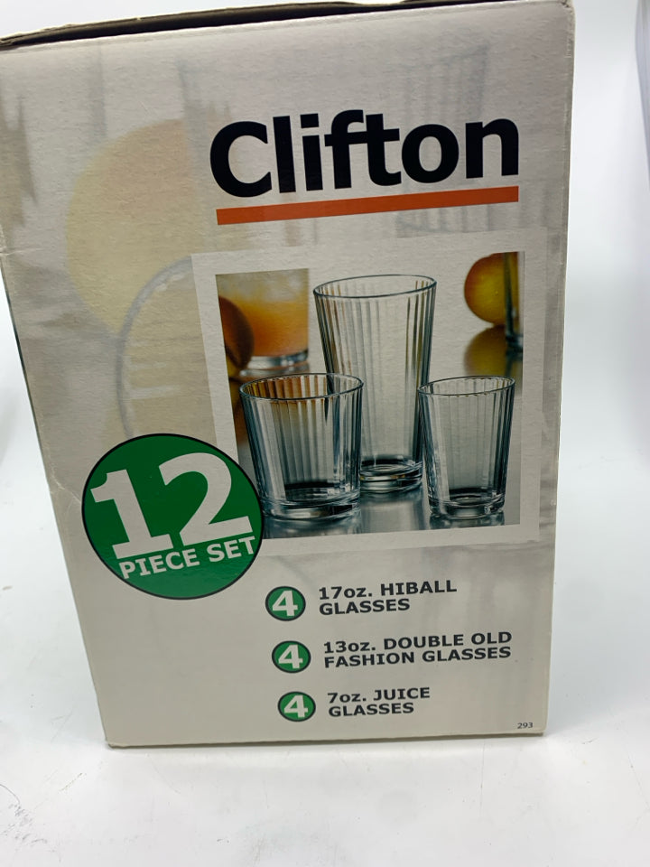 NIB CLIFTON 12 PC GLASS SET.