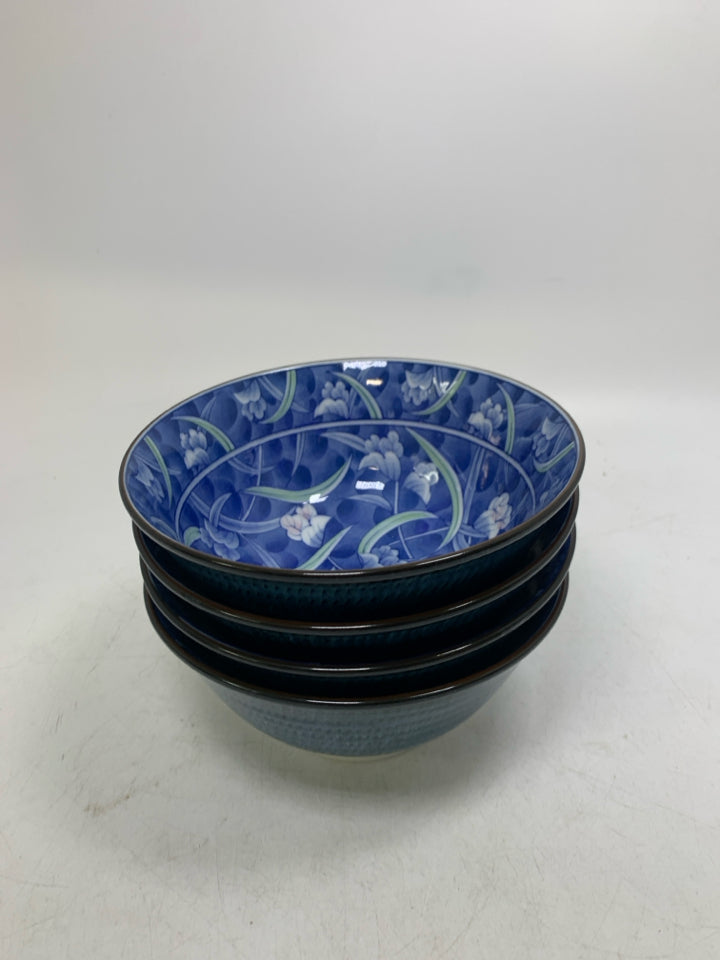 4 BLUE W/ FLOWERS TEXTURED EXTERIOR BOWLS.